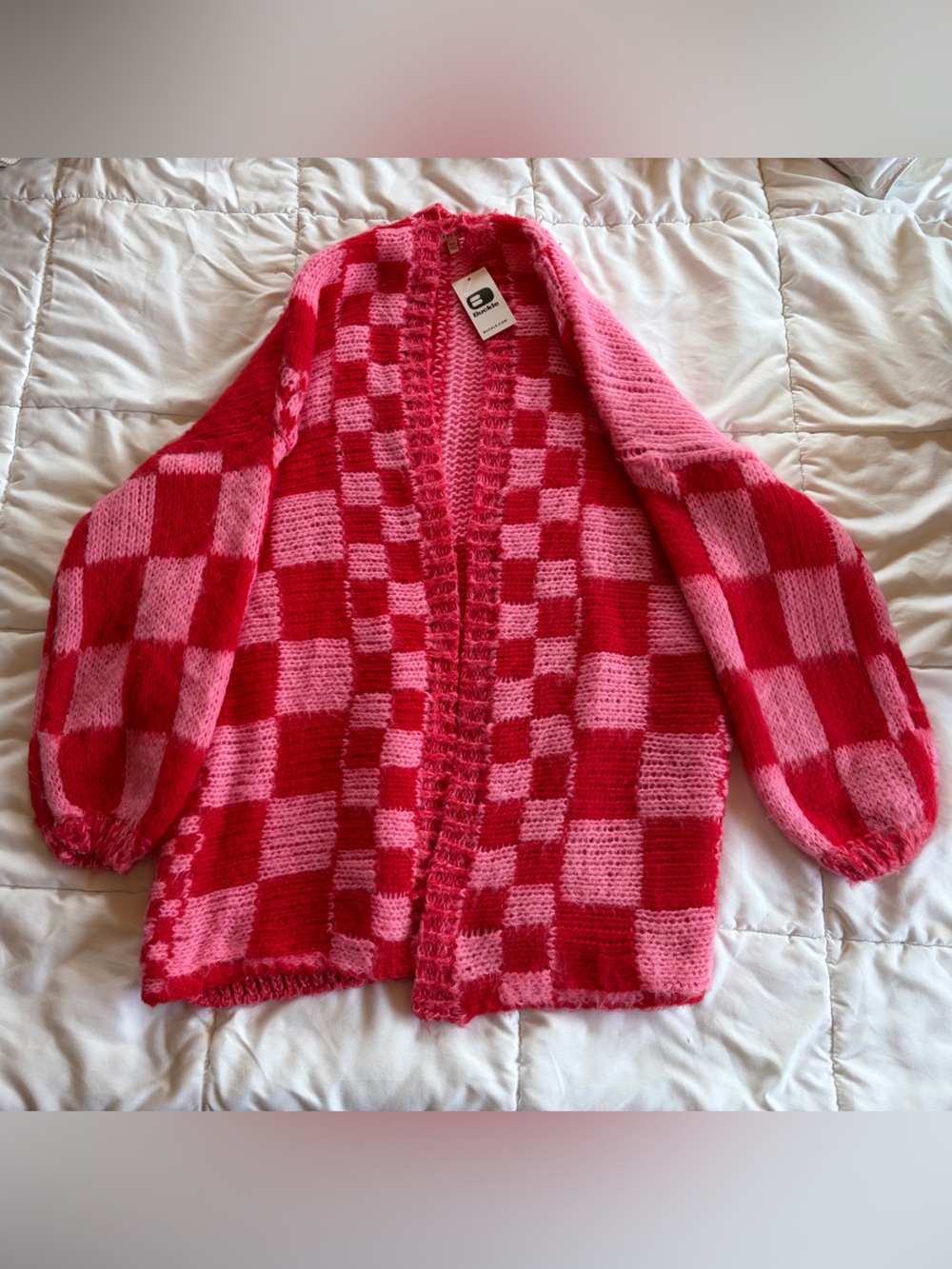 Open-Front Checkered Knit Cardigan in Pink and Red
